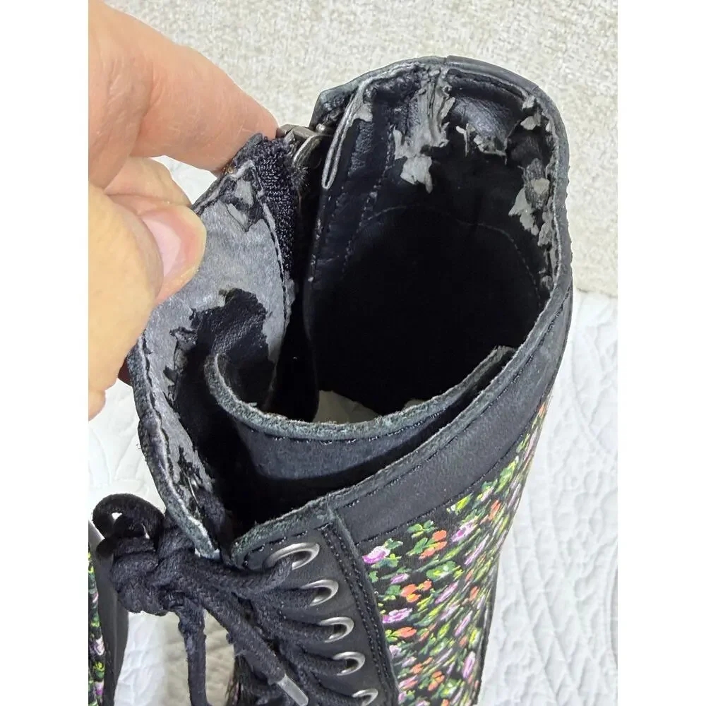 Denim Supply RL Women 8 Black Floral Print Side Zip Lace Up Torie Granny Boots